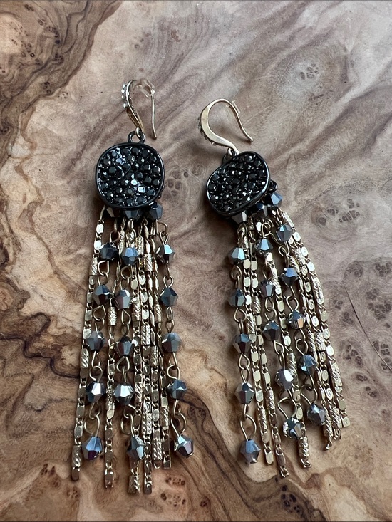 Jewelry - Black Crystal Round Top Gold-Tone Tassel Drop Earrings